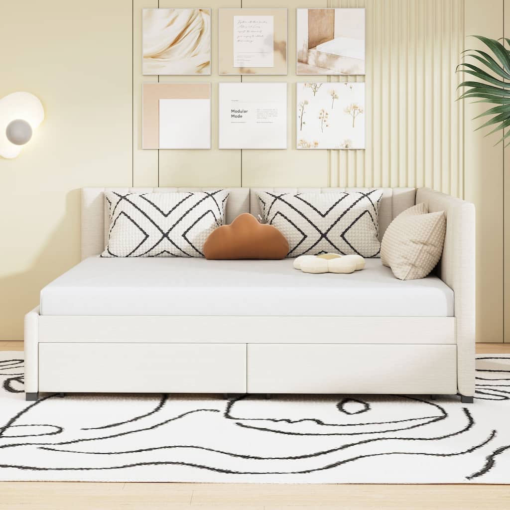 Full Size Upholstered Daybed with 2 Drawers, Classic Linen Fabric Sofa Bed Frame, Wood Slats Support, No Box Spring Needed