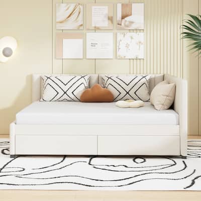 Full Size Upholstered Daybed with 2 Storage Drawers Sofa Bed Frame No Box Spring Needed, Linen Fabric, Beige