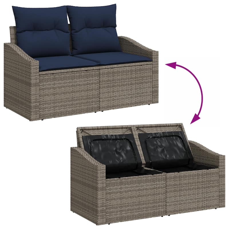 vidaXL 2-Seater Garden Sofa with Cushions Black/Brown/Grey Poly Rattan - 24.4 x 48.4 x 27.2