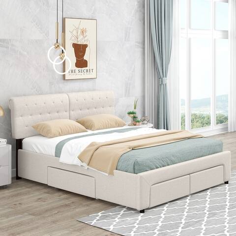 Queen Size Tufted Upholstery Platform Bed with 4 Drawers, Beige