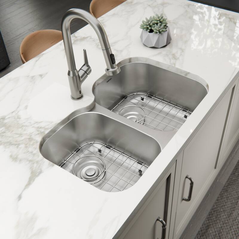 Karran Profile 31" Undermount 18 Gauge Double Offset Bowl Stainless Steel Kitchen Sink with Accessories