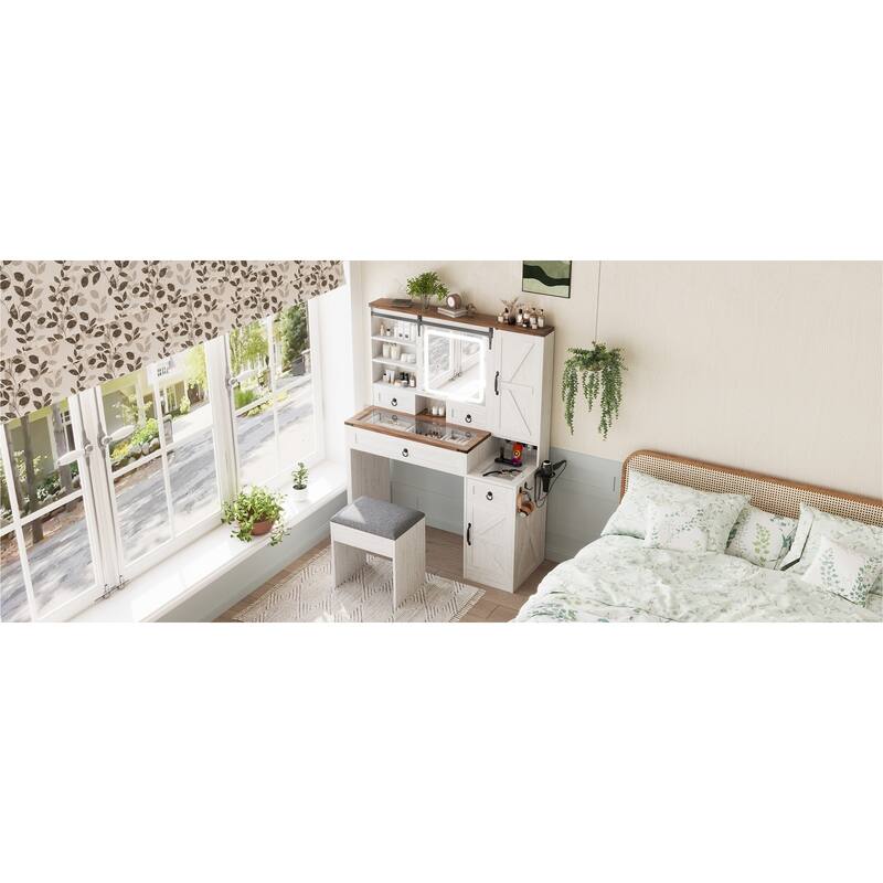 Farmhouse Vanity Desk with Sliding Mirror and Lights