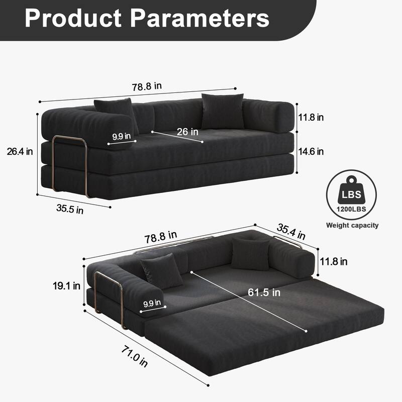 78.8 Inch Modular Convertible Sofa Bed with Armrests, Washable Corduroy Fabric, and Stainless Steel Frame - Gray