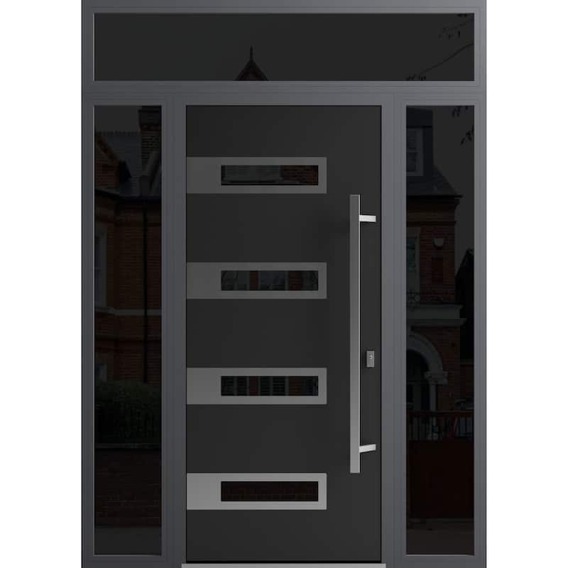 Front Exterior Prehung Steel Door Ronex 0131 Black Enamel Stainless Inserts Entry Metal Painted W36xH80 Left hand Inswing - Black - 60" x 96"
