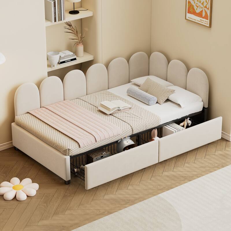 Twin Size Velvet Upholstered Daybed with Two Drawers and Soft Headboard - Beige - Twin