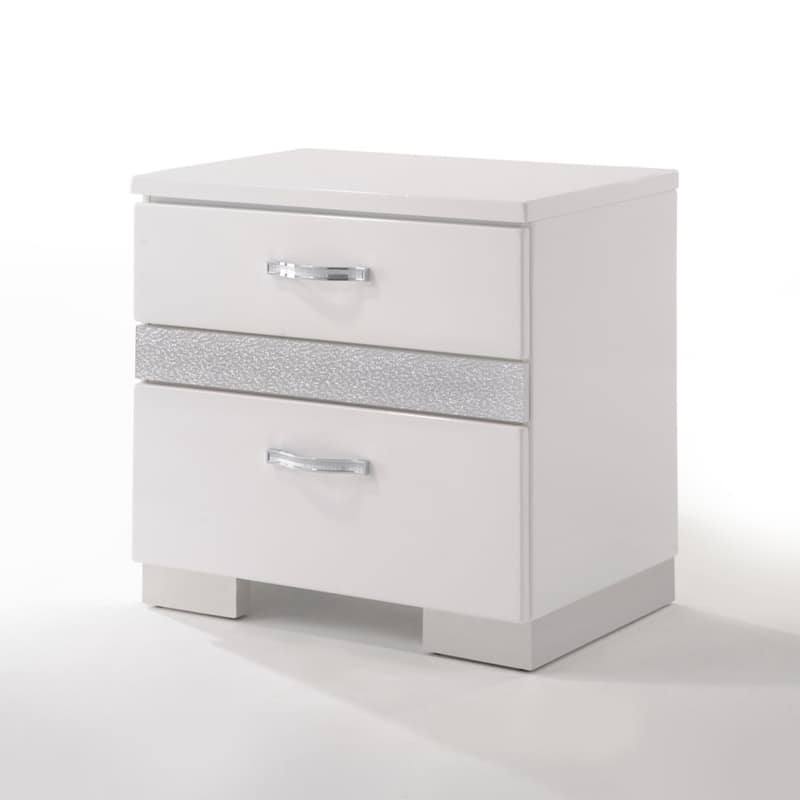 White High Gloss Finish Nightstand with Three Drawers and Jewelry Storage - White