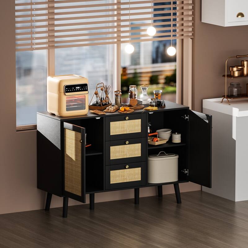 Anmytek Modern Wood Rattan Black Buffet Sideboard Accent Storage Cabinet with 3 Drawers and 2 Doors