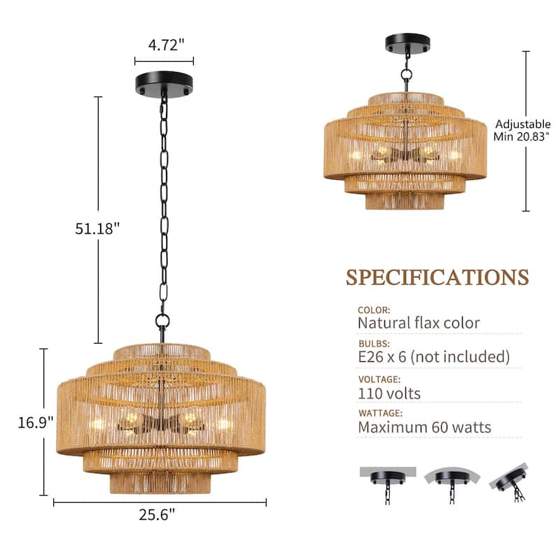 4/6-Light Boho 5-Tier Hand Woven Rattan Drum Chandelier