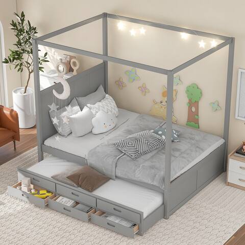 Queen Size 3 Drawers Canopy Bed Floor Platform Bed with Trundle for Small Bedroom City Aprtment Dorm