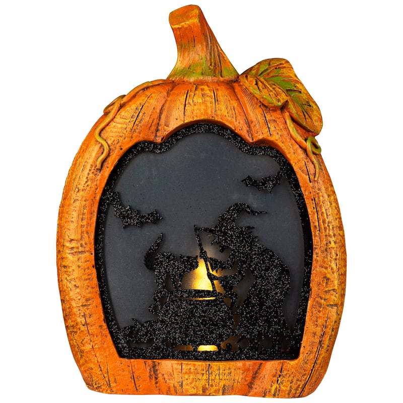 Witch Stirring Flickering Cauldron Scene Inside Pumpkin Halloween Decoration - 13" - LED Orange Light