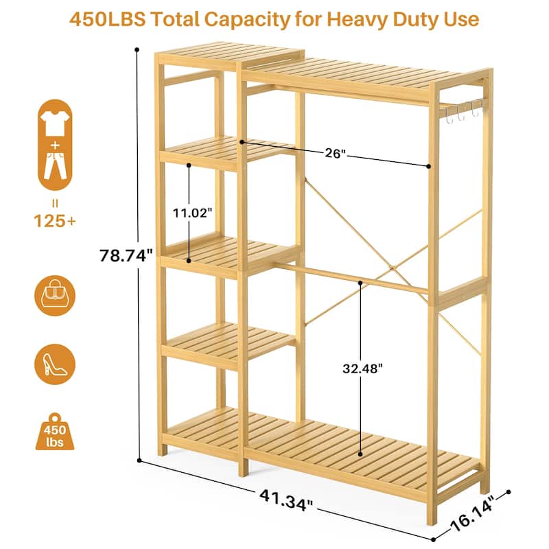 Bamboo Closet System Clothes Rack, Large Freestanding Garment Rack Clothing Rack for Hanging Clothes