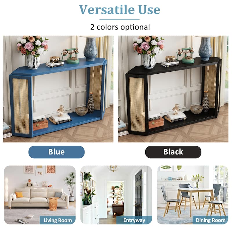 Narrow Console Table with Hexagon Top Design and Rattan Accent, 53.54" Solid Wood Entryway Sofa Table with Open Bottom Shelf