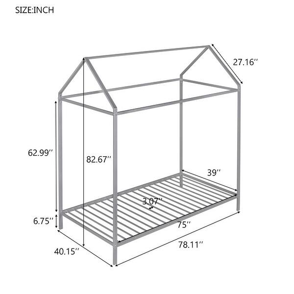 dimension image slide 2 of 3, Metal House Bed Platform Bed, Twin Size Floor Bed w/ Slats for Kids