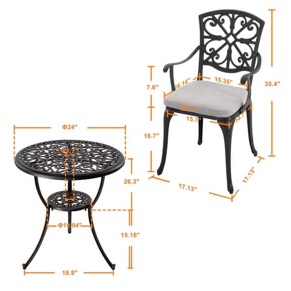 dimension image slide 1 of 2, Nuu Garden Outdoor 3-Piece Cast Aluminum Patio Set with Cushions and Umbrella Hole