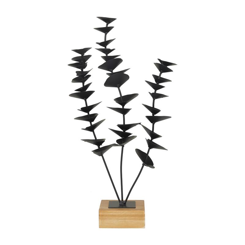 Black Metal Leaf Decorative Sculpture with Wood Base