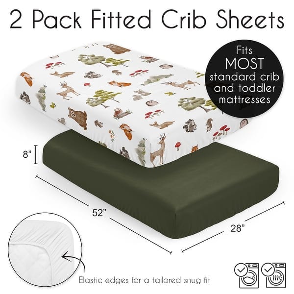 Sweet Jojo Designs Woodland Forest Animals Boy Girl Gender Neutral 2 Pack Fitted Crib Sheets Solid Dark Green and Animal Friends