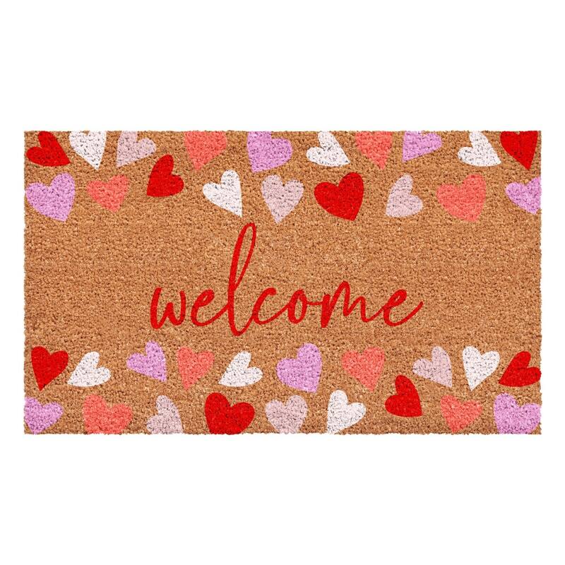 HomeRoots 24" X 36" Brown Pink Red And White Hearts Welcome Outdoor Coir Door Mat - 24.00' X '36.00