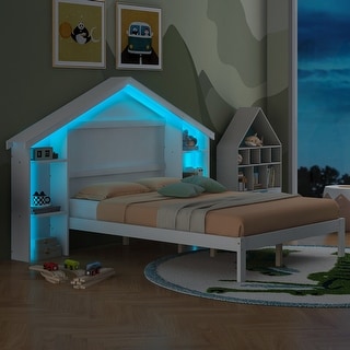 Wood Platform Bed with House-shaped Storage Headboard and Built-in LED