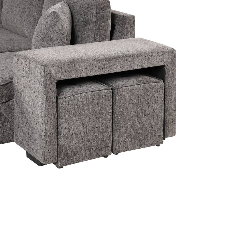 Modern L-Shape 3 Seat Reversible Sectional Couch, Pull Out Sleeper Sofa with Storage Chaise and 2 Stools