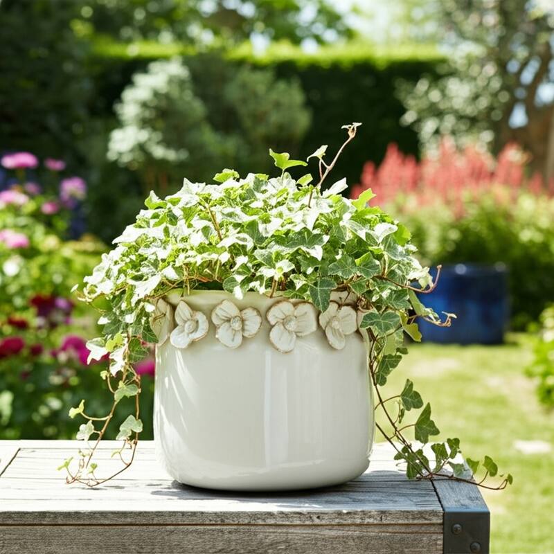 Ceramic Round Planter Sculpted Floral Rim Detail and Drainage Hole