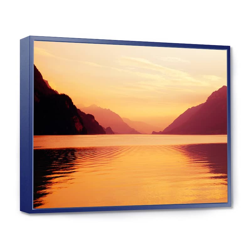 Designart "Fantastic Swiss Lake at Sunset in Brienz" Extra Large Seascape Art Framed Canvas - 20 in. wide x 12 in. high - Blue
