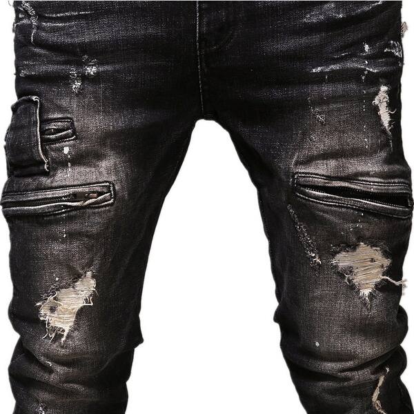 Mens Ripped Jeans 100 Cotton Black Slim Fit Motorcycle Men Distressed Denim Jeans Pants Us 38 40 42 Overstock 24208193