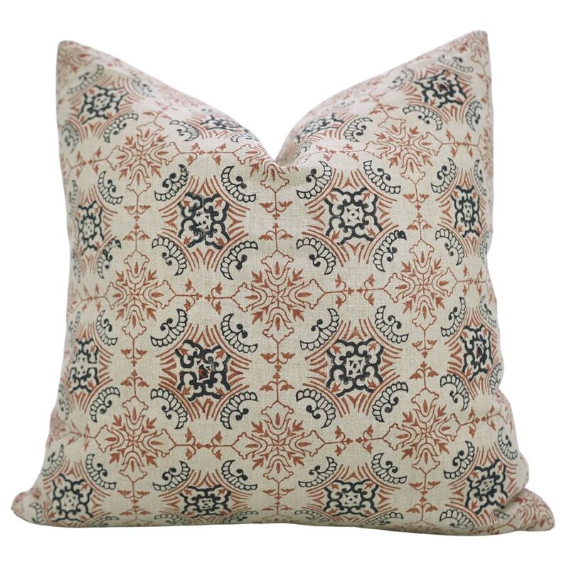Fabdivine Sustainable Pillow Cover Soft Pure Linen Black Floral Block Print for Boho Living or Bed Room 18x18 Inch, Chakravyuh
