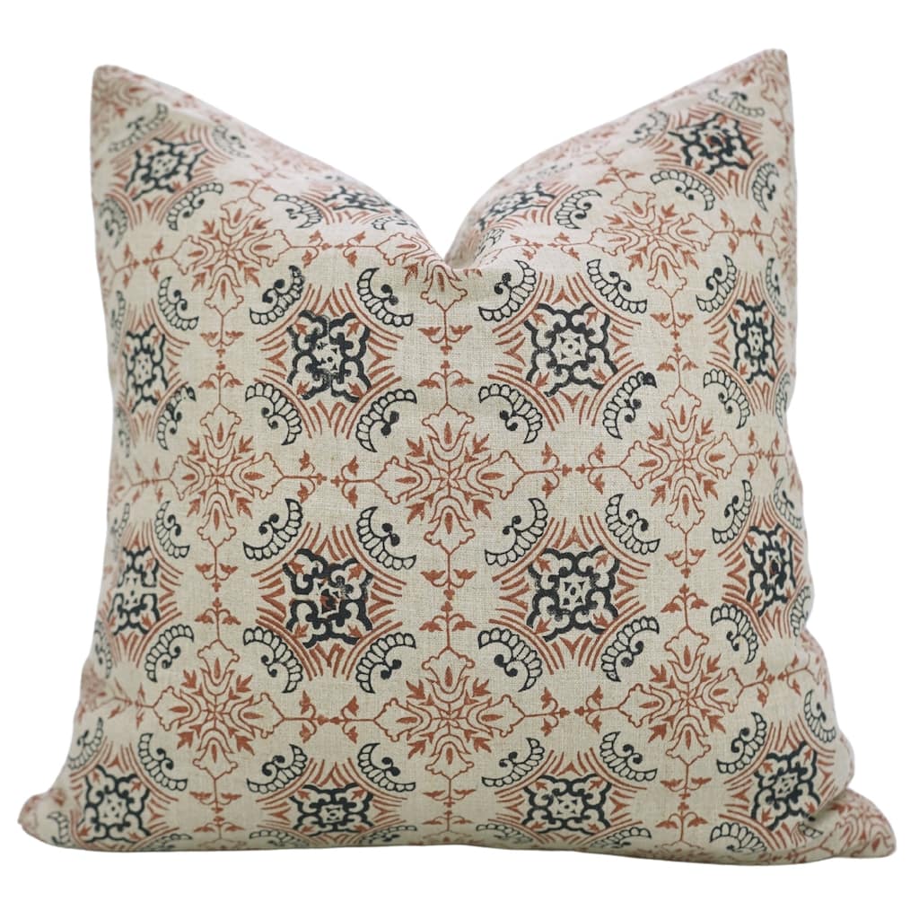 Fabdivine Sustainable Pillow Cover Soft Pure Linen Black Floral Block Print for Boho Living or Bed Room 22x22 Inch, Chakravyuh