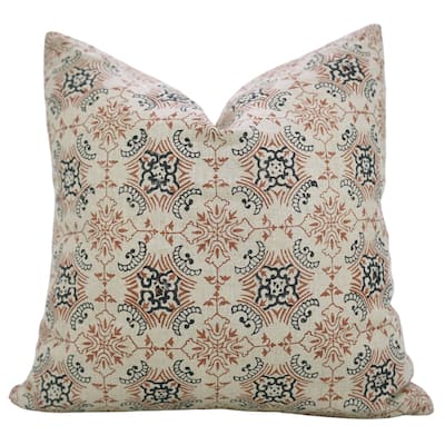 Fabdivine Sustainable Pillow Cover Soft Pure Linen Black Floral Block Print for Boho Living or Bed Room 26x26 Inch, Chakravyuh