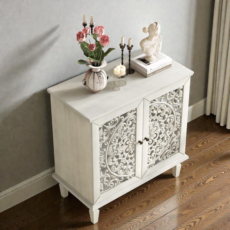Vintage Hollow-Carved 2-Door Accent Cabinet with Floral Design, Adjustable Shelf and Solid Wood Legs, 31.5'' Sideboard