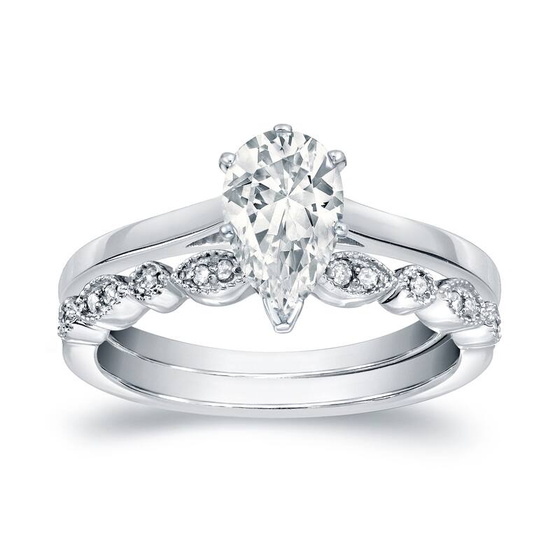 Auriya 14k Gold 3/4ctw Vintage Pear Shape Solitaire Diamond Engagement Ring Set