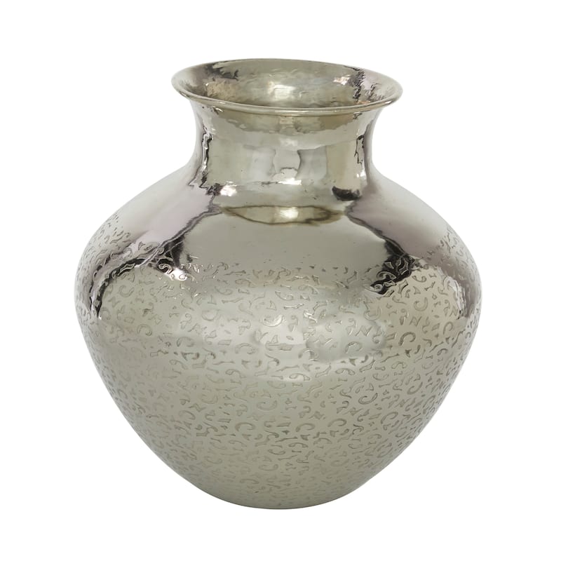 Silver Aluminum Metal Round Engraved Decorative Vase