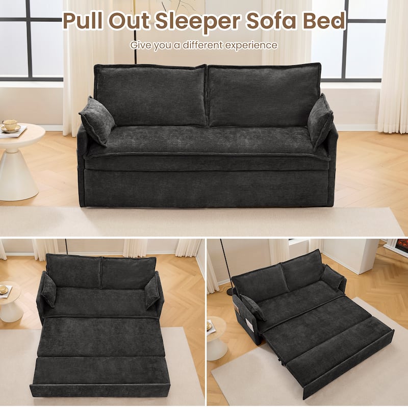 2-in-1 Pull-Out Sofa Bed, Couch Loveseat with Side Storage Pockets, Convertible Sleeper Sofa with USB Charging