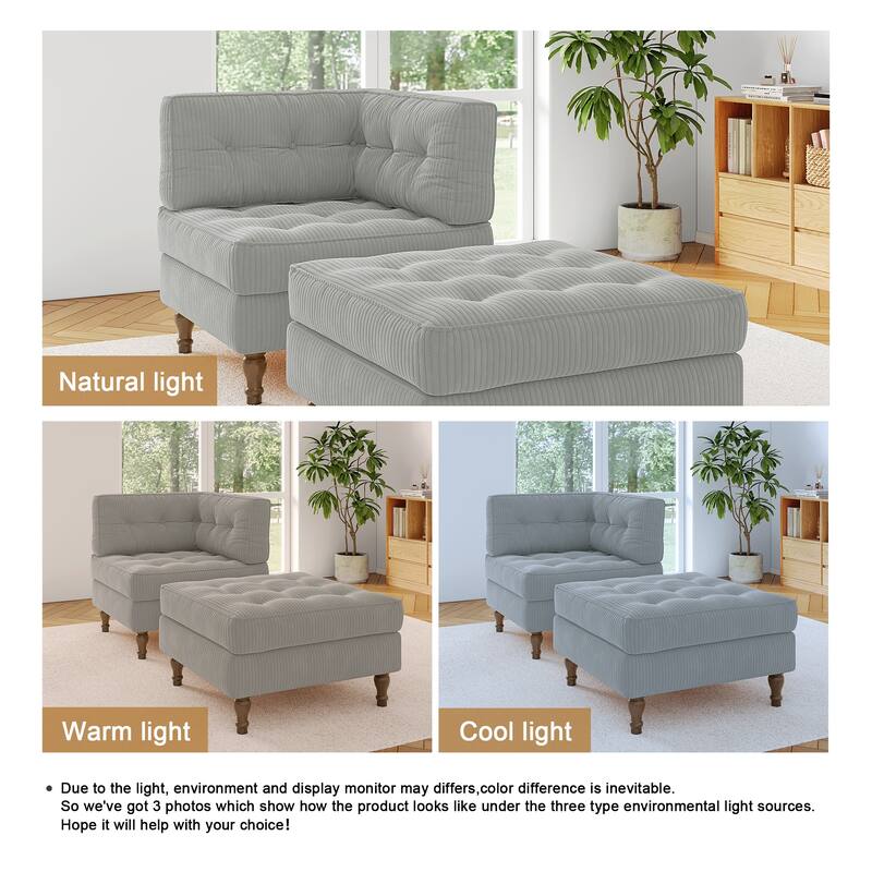Corduroy L-shape Modular Corner Sectional Sofa with Reversible Storage Ottoman