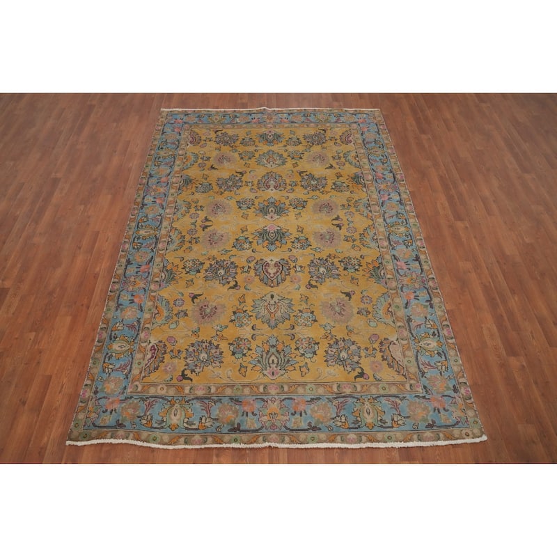 Hand Knotted Oriental 100% Wool Carpet Traditional Floral Yellow & Gold Tabriz Area Rug - 9' 1'' X 6' 3''