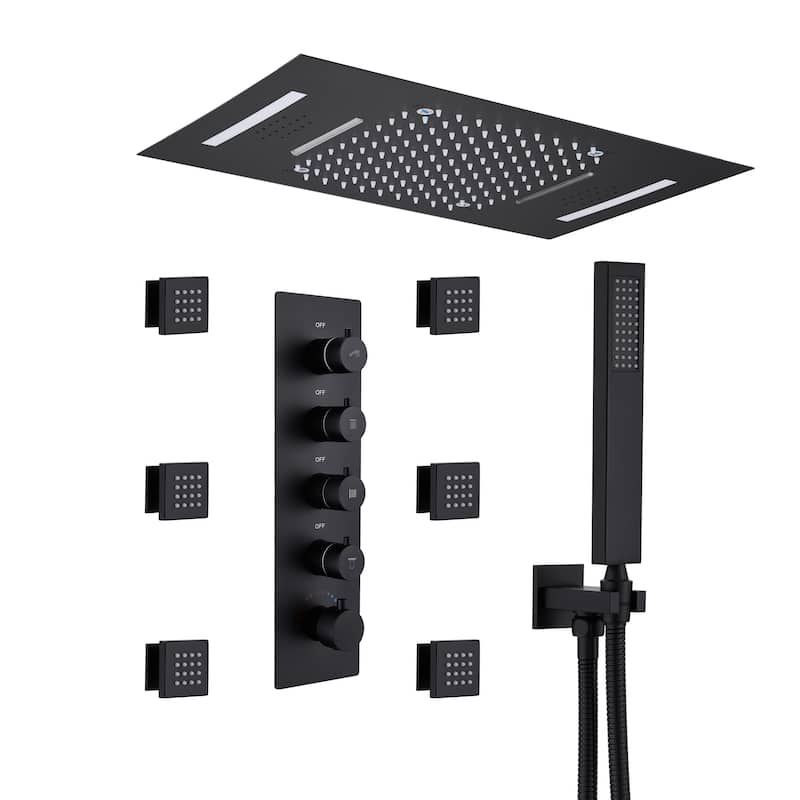 Luxury 4-Spray Patterns 23 in. Ceiling Mount Shower System with Handheld Shower Head, 6 Body Jets, LED, and Music - 15" x 23"