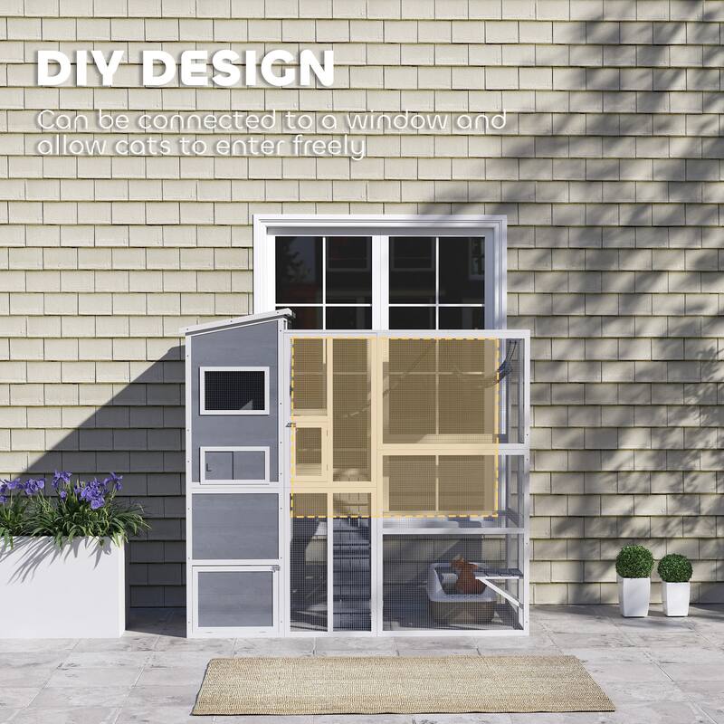 PawHut Catio Outdoor Cat Enclosure, Large Wooden Cat House with 4 Tier Resting Rooms, 3 Platforms, 1 Soft Ladder, 2 Ramps