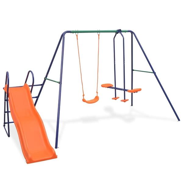 slide 2 of 8, vidaXL Swing Set with Slide and 3 Seats Orange