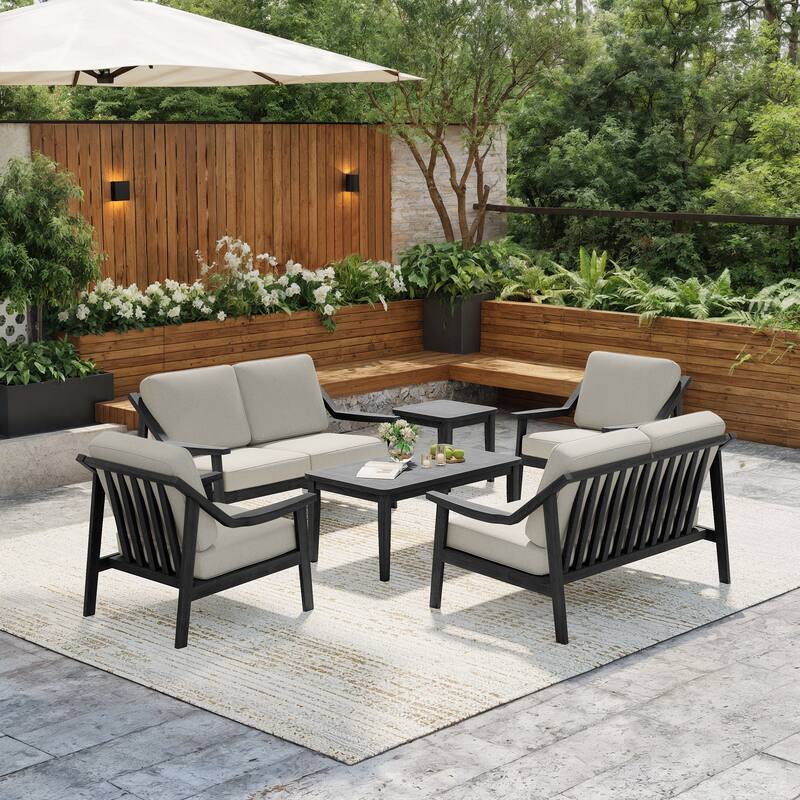 6-piece Wood Patio Chat Set Teak Conversation Set with Cushion