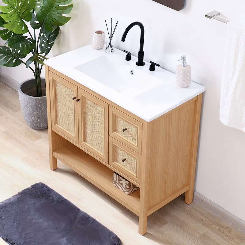 Jasper Rattan Modern Coastal 2-Shelf Bath Vanity Cabinet Only (Sink Basin Not Included), By JONATHAN Y