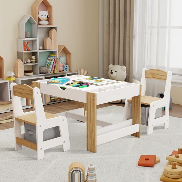 slide 2 of 12, Wooden Kids Play Table and 2 Chairs Set with 7 Storage Compartments White