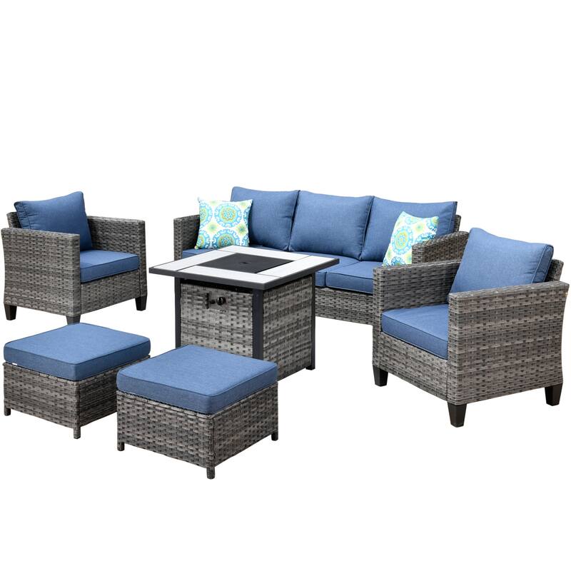 OVIOS 6-piece Patio Outdoor Wicker Conversation Set With 30" Fire Pit