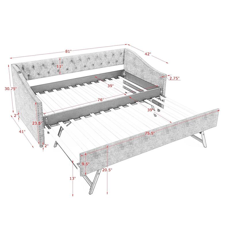 Twin Size Daybed with Pull Out Bed Trundle, Upholstered Button-Tufted Backrest Sofa Bed with Nailhead Trim & USB Charging Ports