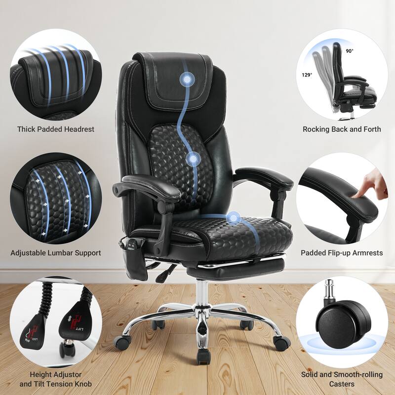 High-Back Executive Office Chair with Massage, Heat and Reclining Footrest - Ergonomic Leather Chair