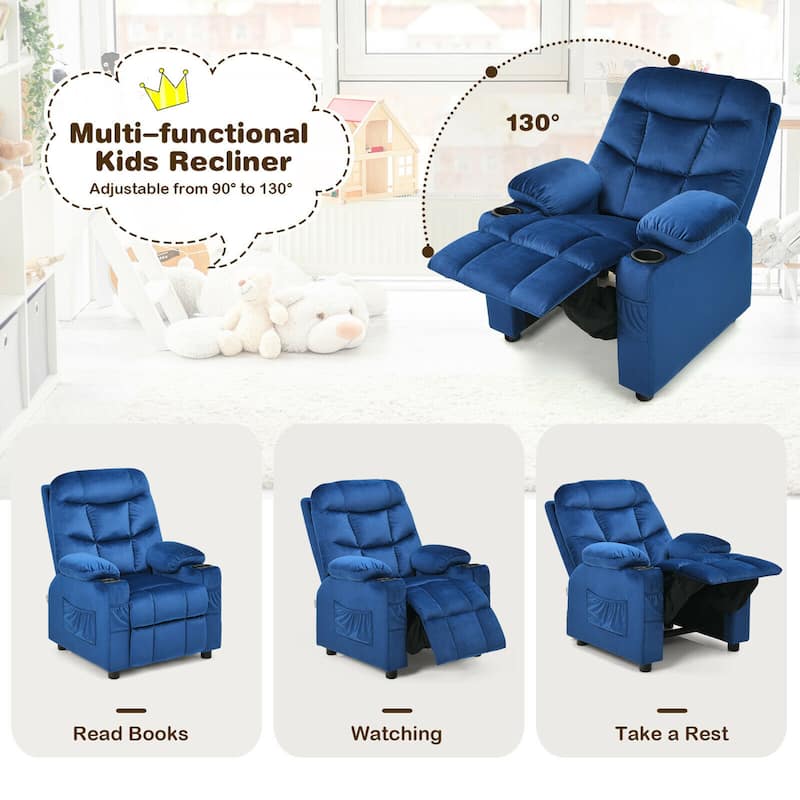 Gymax Kids Youth Recliner Chair Velvet Fabric w/Cup Holder & Side