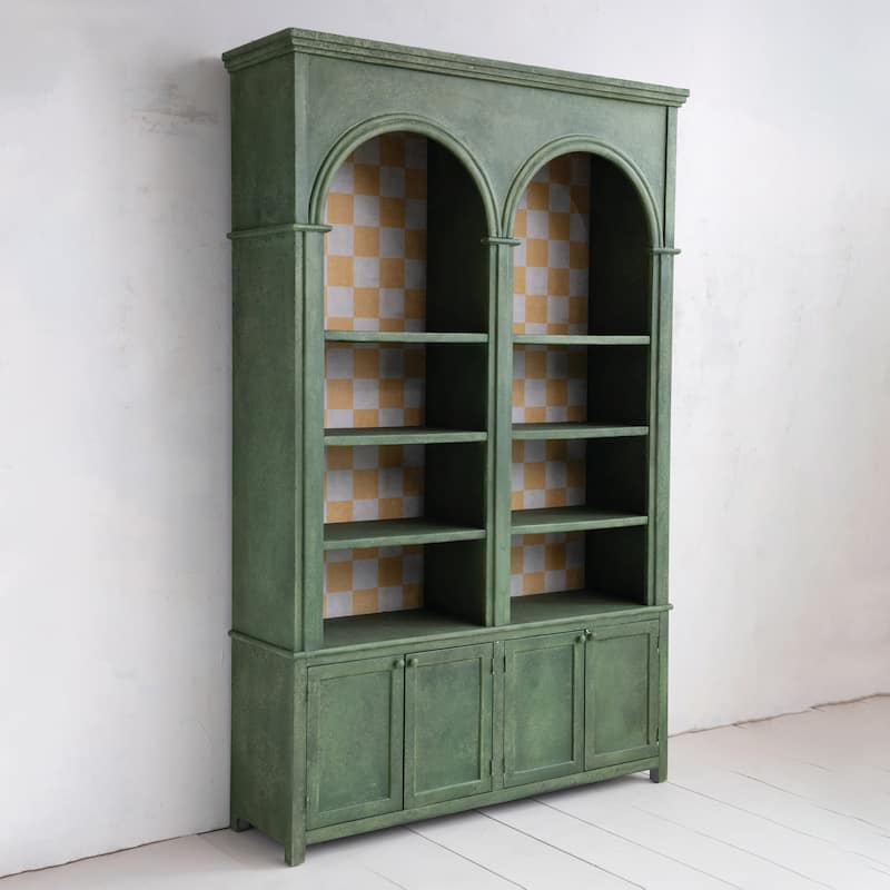 Antique Pine Wood Cabinet with Checkered Interior - 61.25" L x 16.75" W x 94.5" H