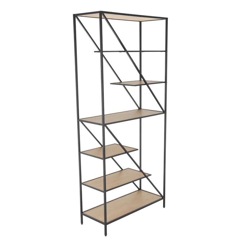 Wooden Geometric Diagonal Angled 6 Shelf Shelving Unit with Black Metal Frame - Brown - Roche River Decor