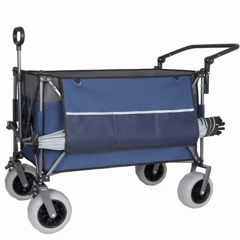 Multi-Functional Push-Pull Folding Wagon Cart with Rotating Handle & 9"x4" Beach Tires for Camping & Beach -300L XL Heavy-Duty - Blue/Grey