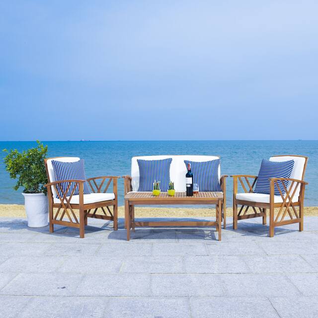 SAFAVIEH Outdoor Fontana 4-piece Acacia Wood Patio Conversation Set - Natural/ Beige with Navy/White Pillows
