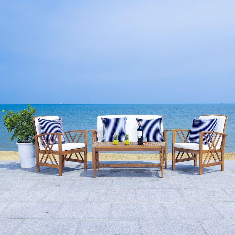 SAFAVIEH Outdoor Fontana 4-piece Acacia Wood Patio Conversation Set - Natural/ Beige with Navy/White Pillows